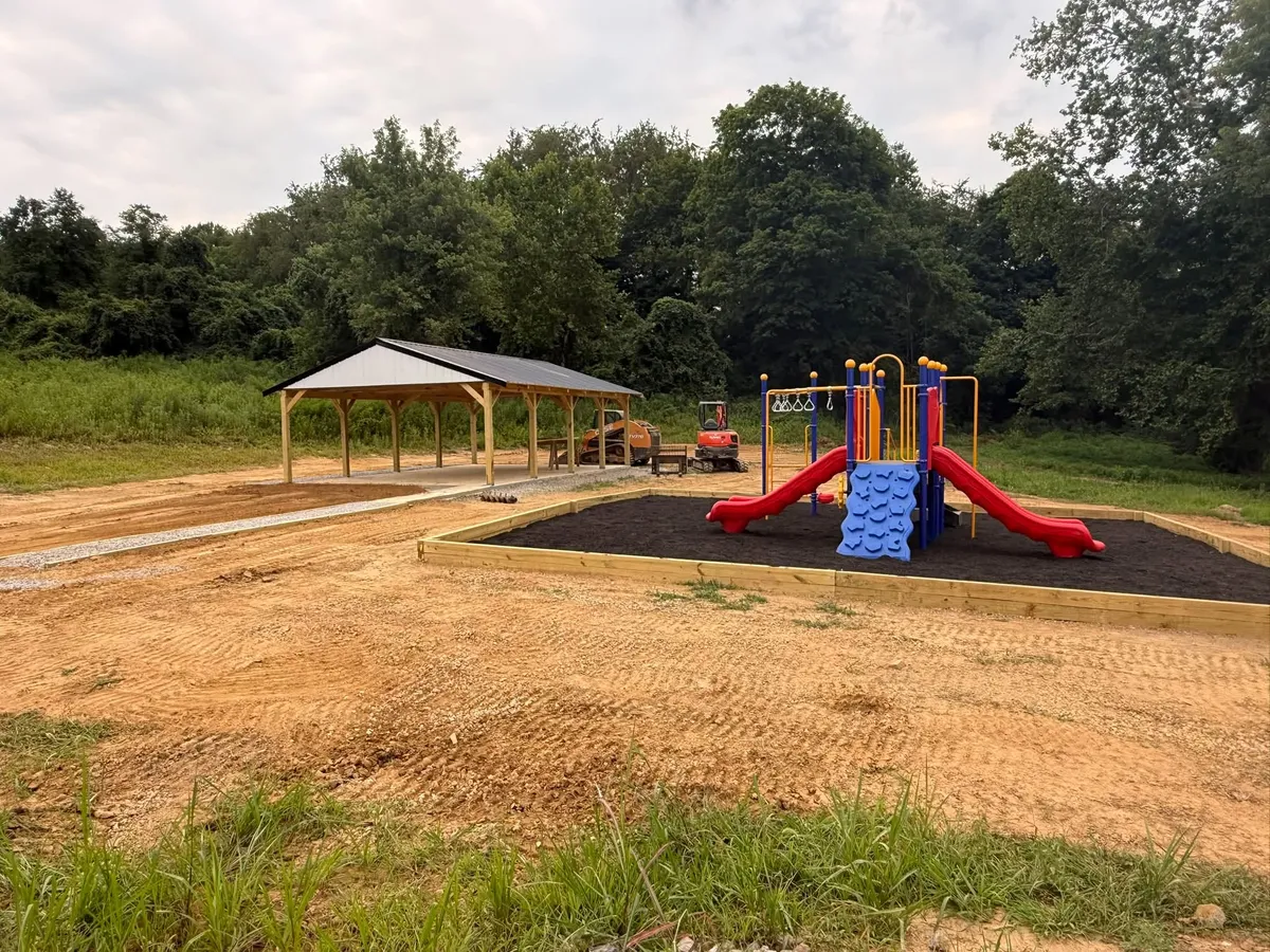 Finished site work around a new playground and pavilion