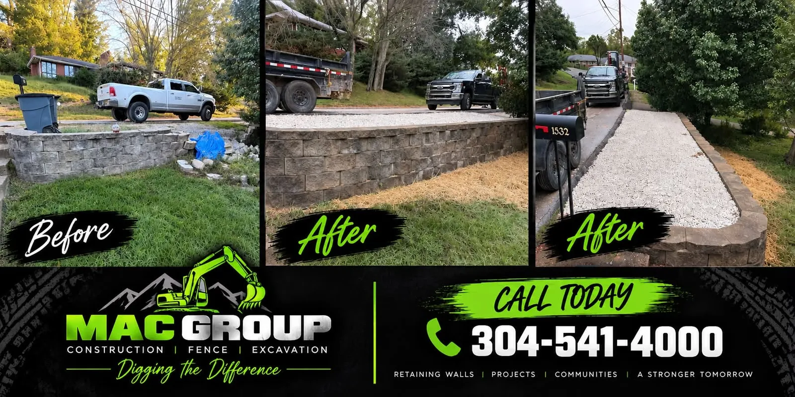 Before and after: rebuilt block retaining wall and new gravel driveway