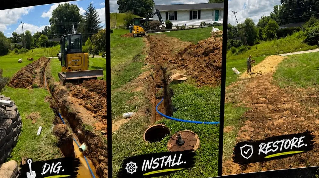 Water line repair: trench dug, new line installed, yard restored